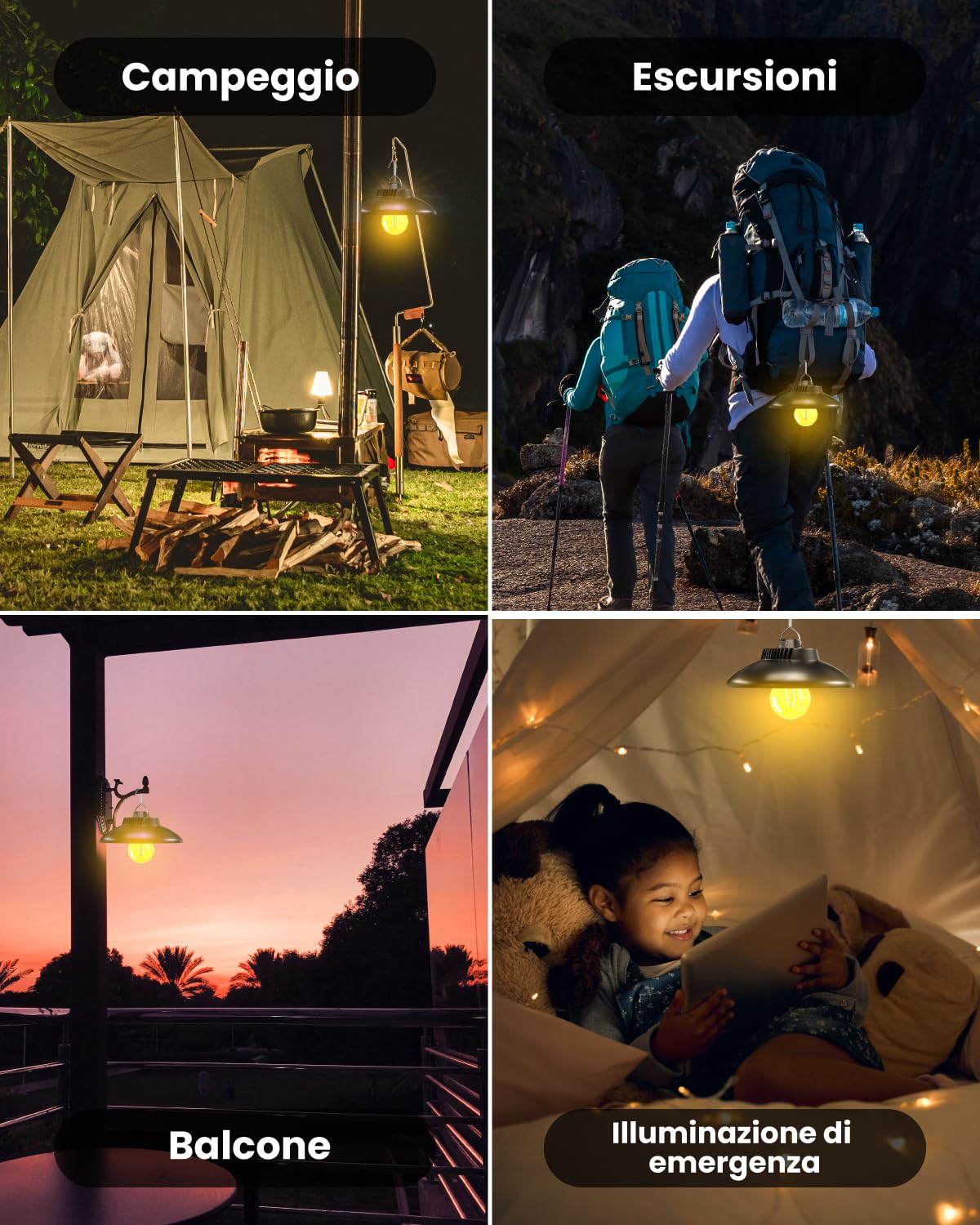 Lampada da campeggio ricaricabile, lampada da campeggio a LED con batteria da 2600 mAh, IPX4, impermeabile, luce da campeggio, 2 modalità di luce, lampada da appendere per campeggio