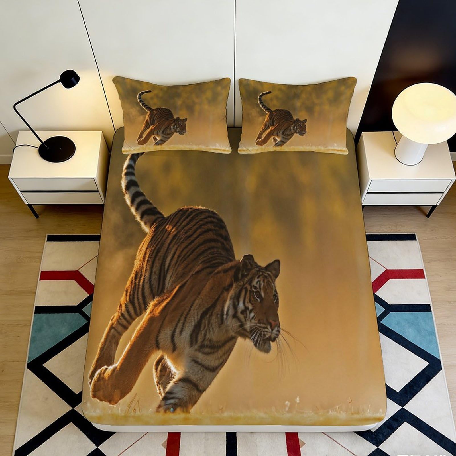 3D Printed Tiger Wild Animal Fitted Sheet Microfiber Soft Bedroom Decor Forest Bed Cover for Home Dorm Guest Room 90x200x25cm