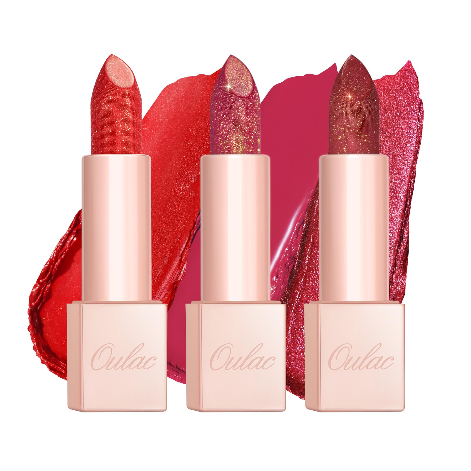 Oulac Pink Glitter Moisturising Lipstick Set, Red Shimmer Lipsticks for Women Hydrating & Smooth, Glitter Diamond Finish