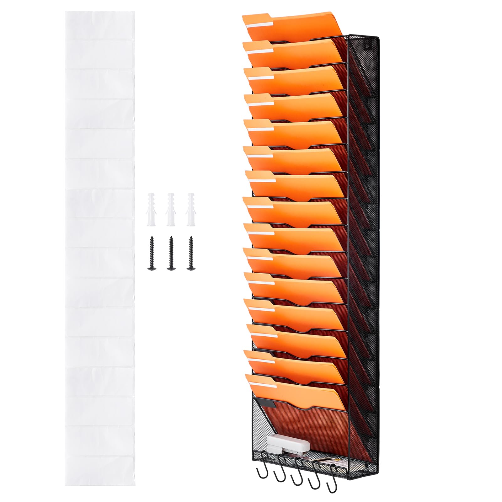 VEVOR Organiseur mural à suspendre - 16 niveaux - Support mural vertical en métal pour magazines, courrier et documents - Avec étiquette de nom, plateau plat inférieur - Pour bureau, maison et école