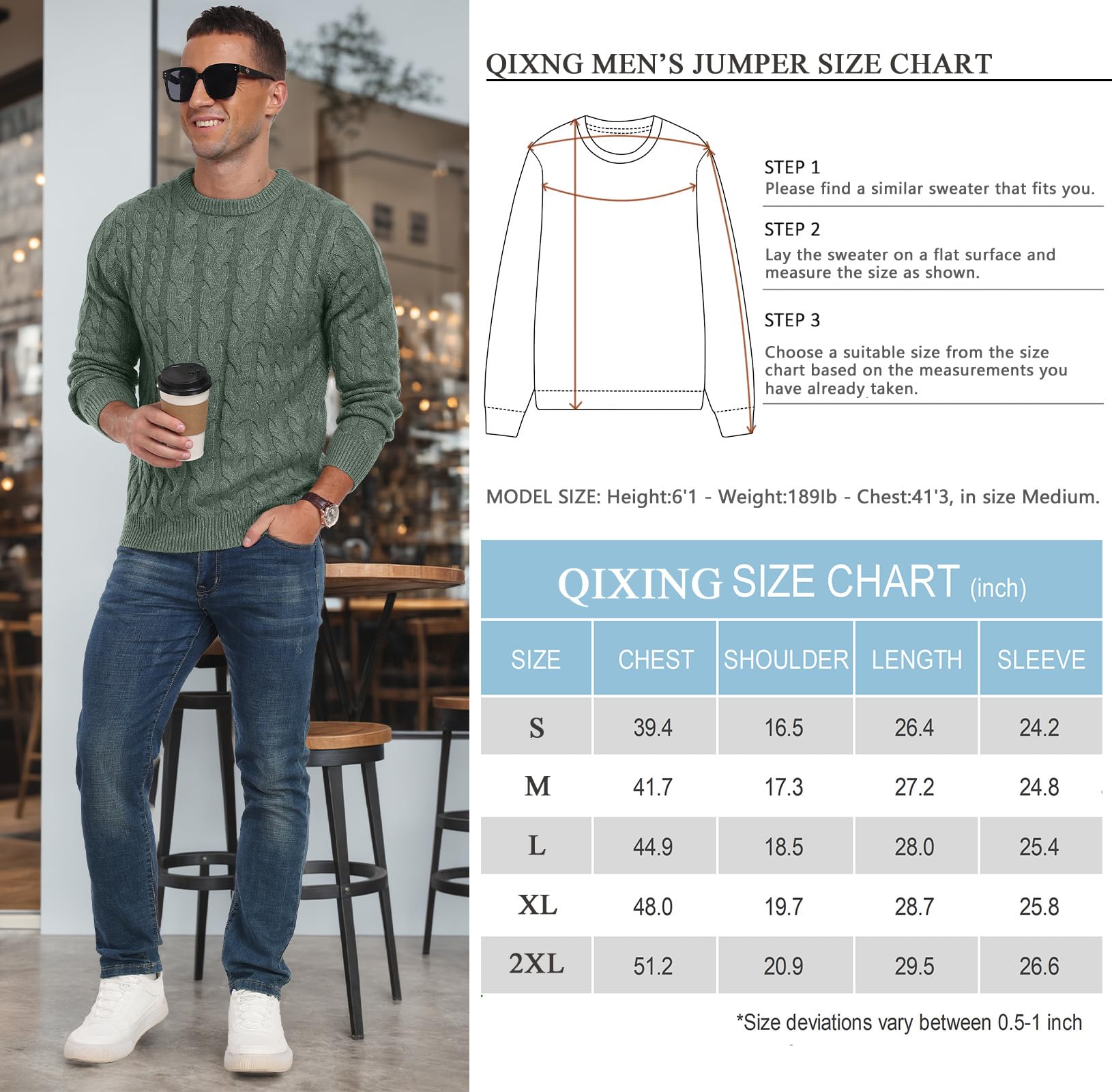 QIXING Maglione da uomo lavorato a maglia a trecce girocollo casual a maniche lunghe maglione lavorato a maglia grossa con bordo a costine