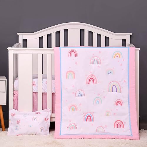 Baby Bees Rainbows - Juego de ropa de cama de cuna de 4 piezas para niños y niñas, juego de ropa de cama de bebé, colcha, volantes para cuna de