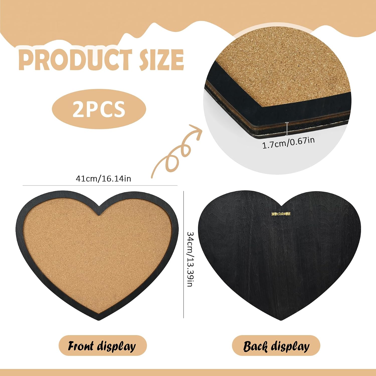 2PCS Heart Pin Cork Board 16.1 * 13.3inch Wall Mounted Cork Bulletin Display Board with Black Frame for Brooch Pin Storage,Cute Pin Board for Office Home Festival Valentine's Decor
