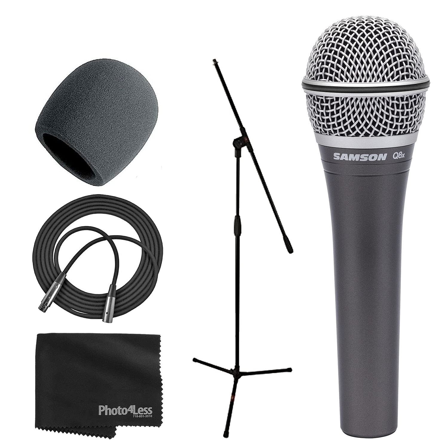 SAMSON Q8x Dynamic Supercardiod - Microfono palmare in schiuma, con base treppiede, cavo microfono, panno