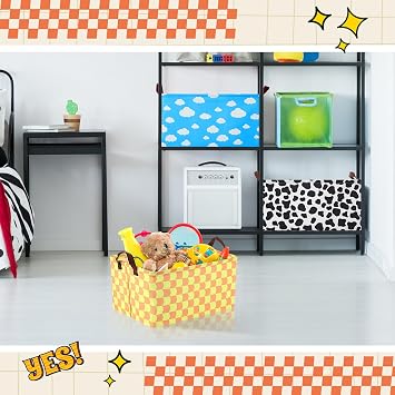 3 Pack Storage Baskets Waterproof Canvas with Leather Handles Storage Bins Basket Organizer Collapsible for Closet Clothes Room Decor(Black, Yellow, Blue,Cartoon)