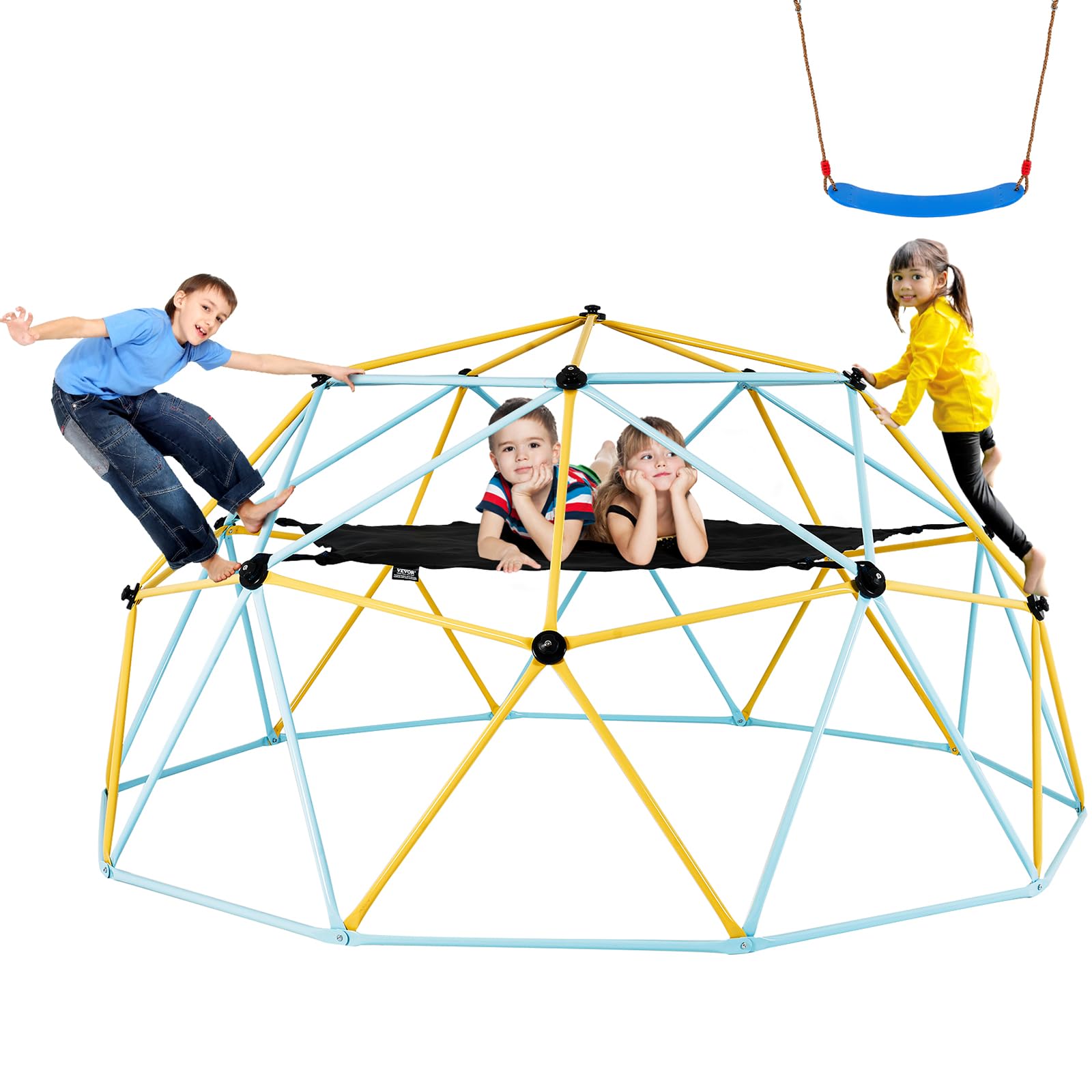 VEVOR Climbing Dome, for Kids 3 to 10 Years Old,10FT Geometric Dome Climber with Hammock and Swing, Jungle Gym Supports 750LBS and Easy Assembly, with Climbing Grip, Outdoor Backyard Play Equipment