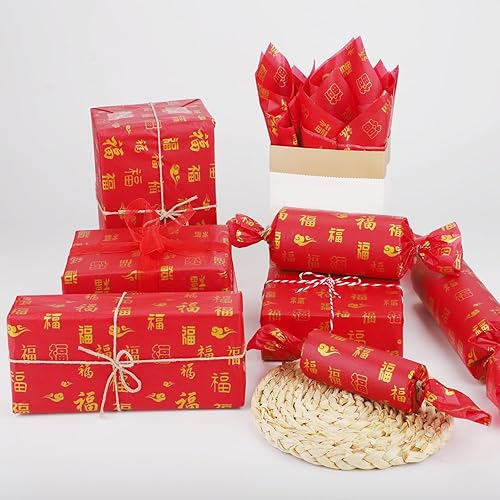 Miniatura 6 de 100 hojas de papel de seda chino FU de oro rojo a granel, 20 x 14 pulgadas, papel de seda dorado con diseño de FU para festivales de primavera