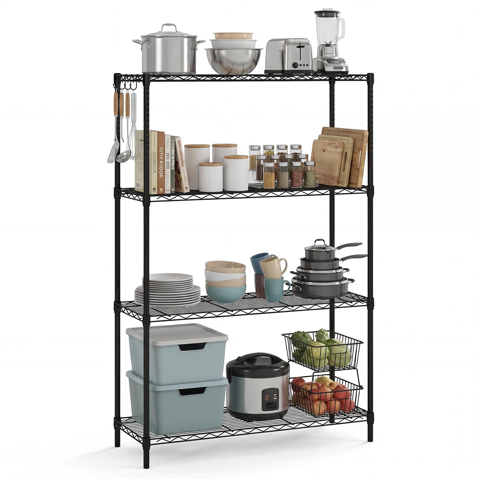 GiantexUK 3/4/5/6-Tier Wire Shelving Unit, Adjustable Heavy-Duty Metal Storage Shelves with 4 Hooks & Leveling Feet, Utility Storage Rack Organizer for Kitchen Pantry Garage Basement (Large, 4)