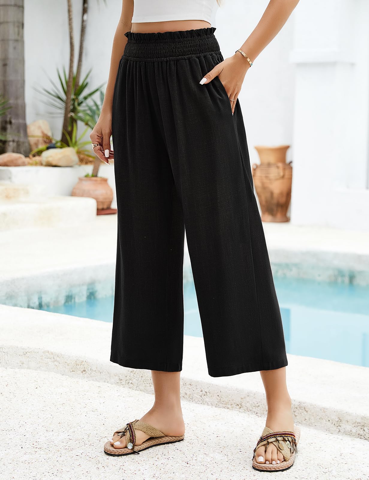 Pantalones Lino Mujer 3/4 Verano Anchos Algodón Alta Cintura Elásticos con Bolsillos
