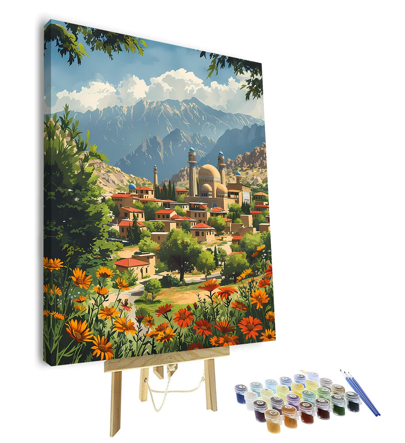 Paint by Numbers Kit for Adults, Traditional Village Paint by Numbers with Paintbrushes and Acrylic Pigment, Mountains and Vibrant Flora Paint by Numbers Kit for Adults Beginner 16x20 Inch Framed