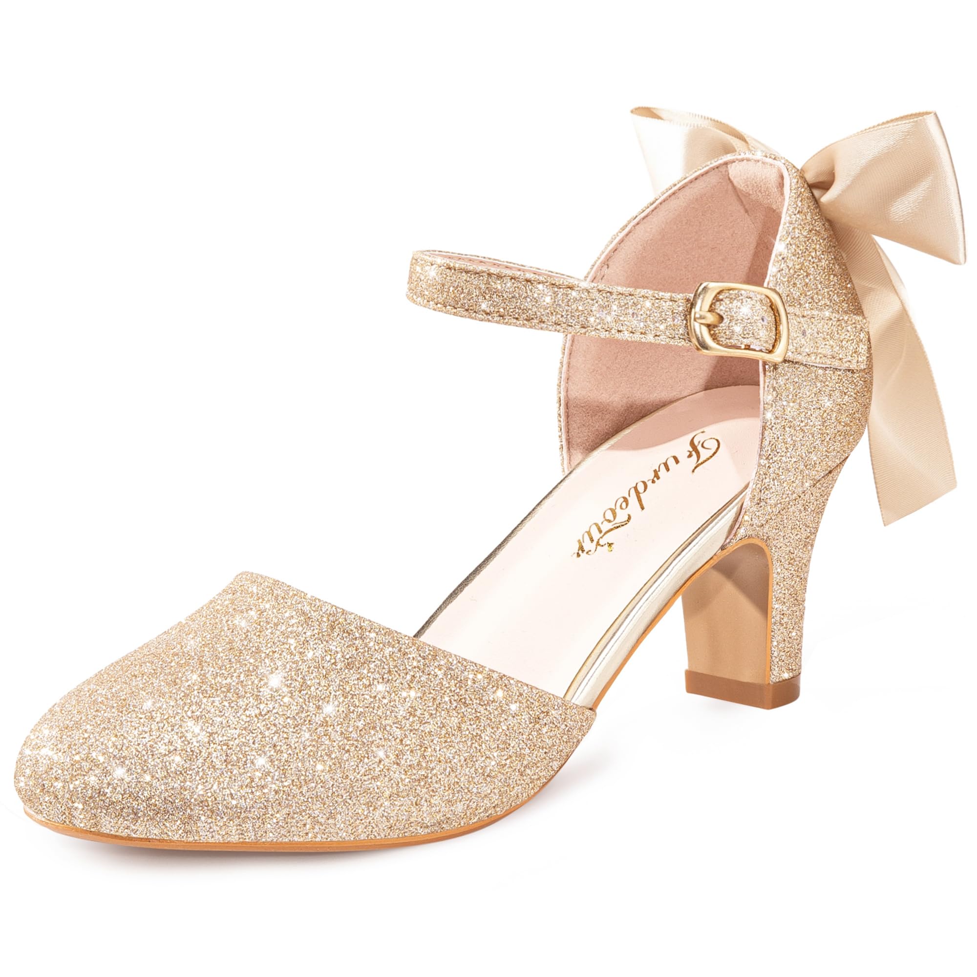 Furdeour Dress Shoes for Girls Heels Kids Princess Bow Pumps Flower Girl