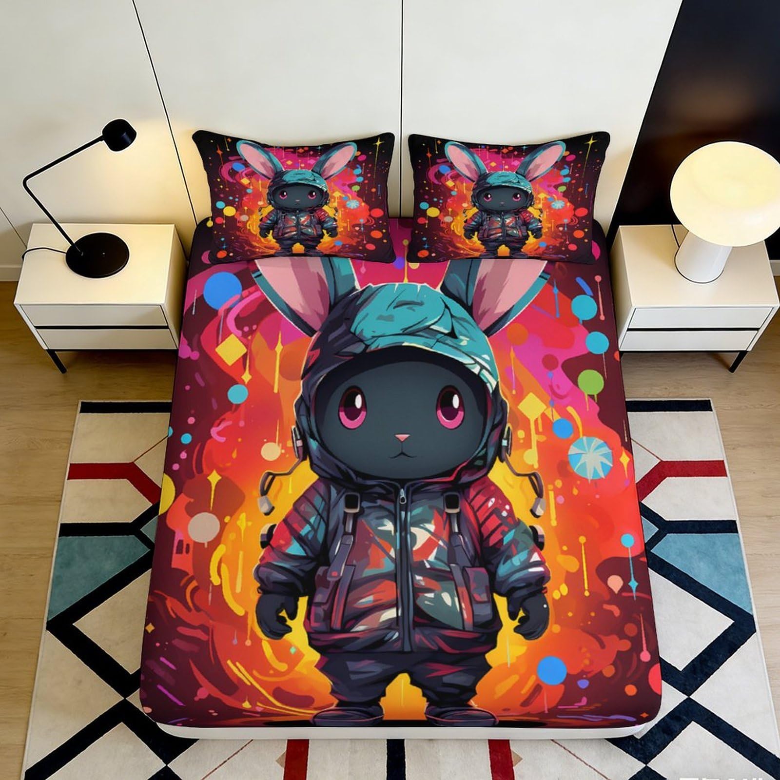 3D Printed Urban Rabbit Fitted Sheet Microfiber Soft Breathable Colorful Graffiti Bed Cover for Bedroom Dormitory Guest Room Mattress Protection Decor 140x200x25cm