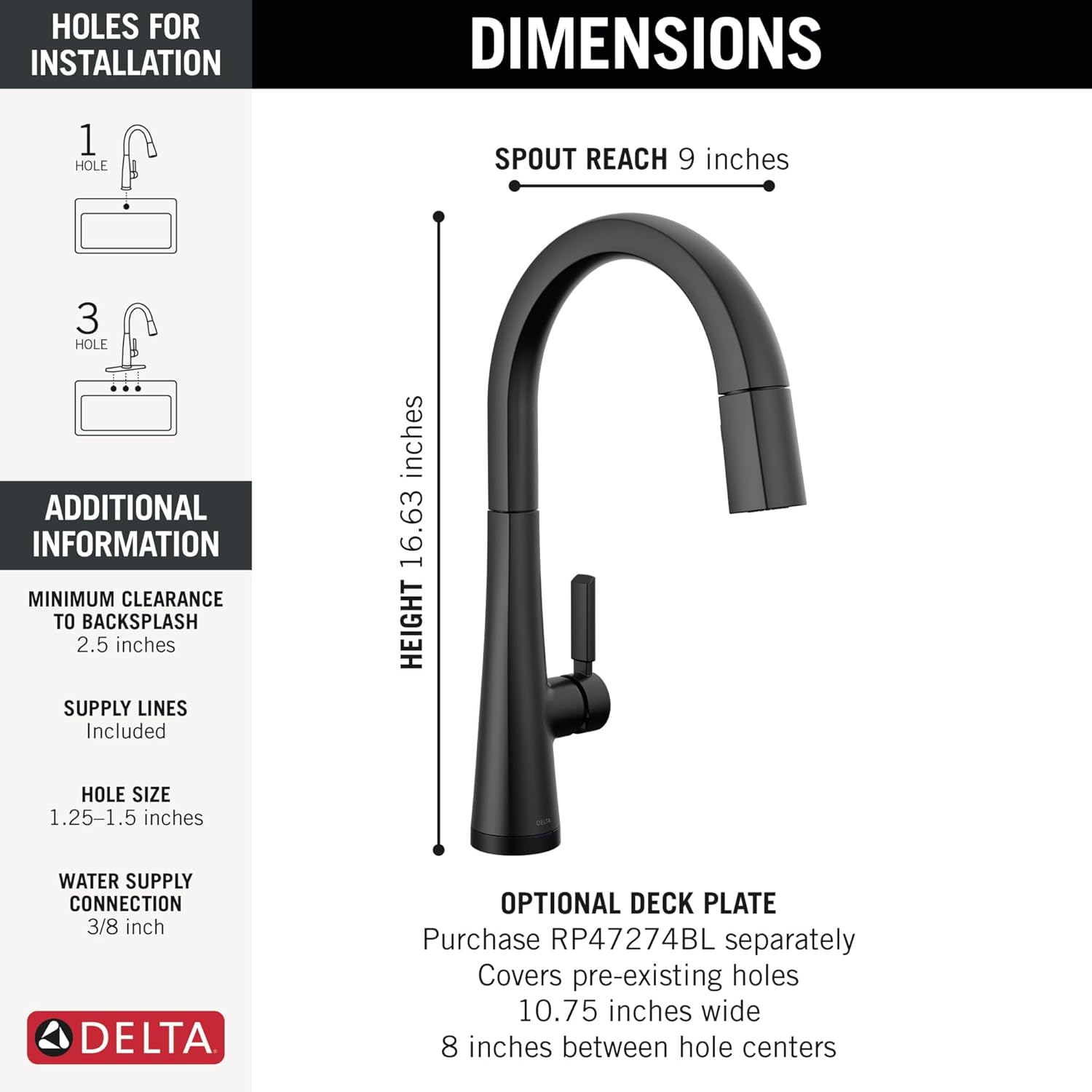 Delta Monrovia Touchless Kitchen Faucet with Touch Technology, Matte Black Kitchen Sink Faucet with Pull Down Sprayer, Single Hole, Matte Black 9191TL-BL-DST