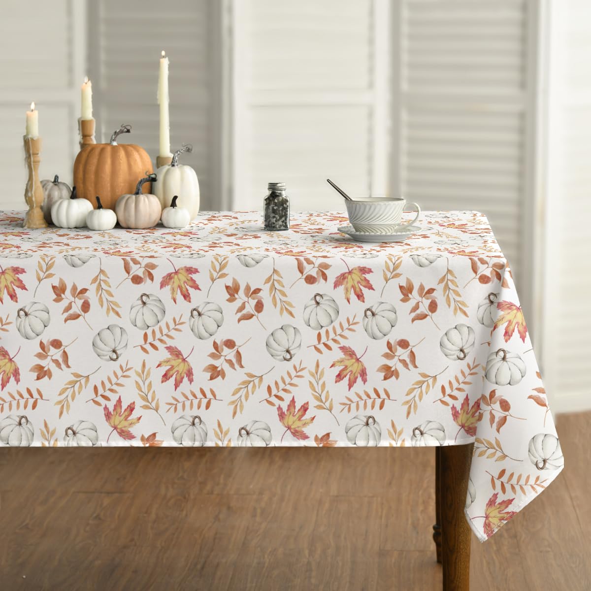 Horaldaily Fall Tablecloth 60x120 Inch, Thanksgiving Autumn Harvest White Pumpkin Orange Leaf Table Cover for Party Picnic Dinner Decor