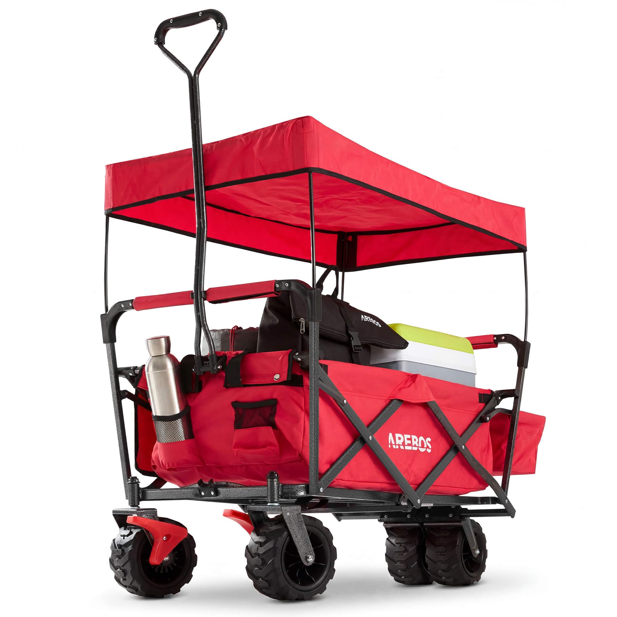 Arebos Chariot à Bras Pliable avec Toit | Utilitaire Pliable avec 2 Poches en Filet et Une Poche extérieure | Jusqu'à 100 kg de capacité de Charge | Rouge