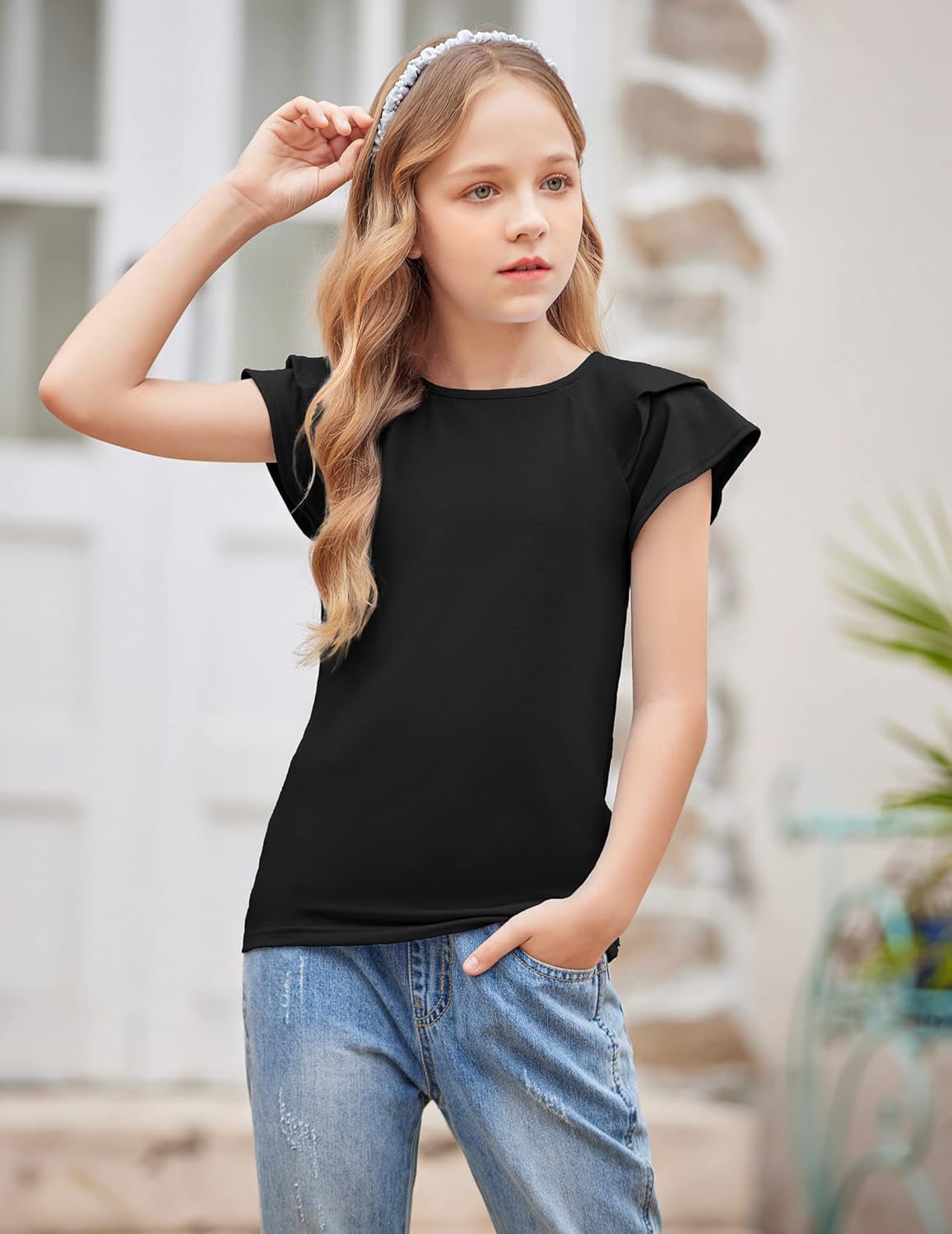 Girls T Shirts Ruffle Short Sleeve Round Neck Loose Blouse Summer Solid Color Casual Girl Tee Tops for 3-12 Years - Image 2