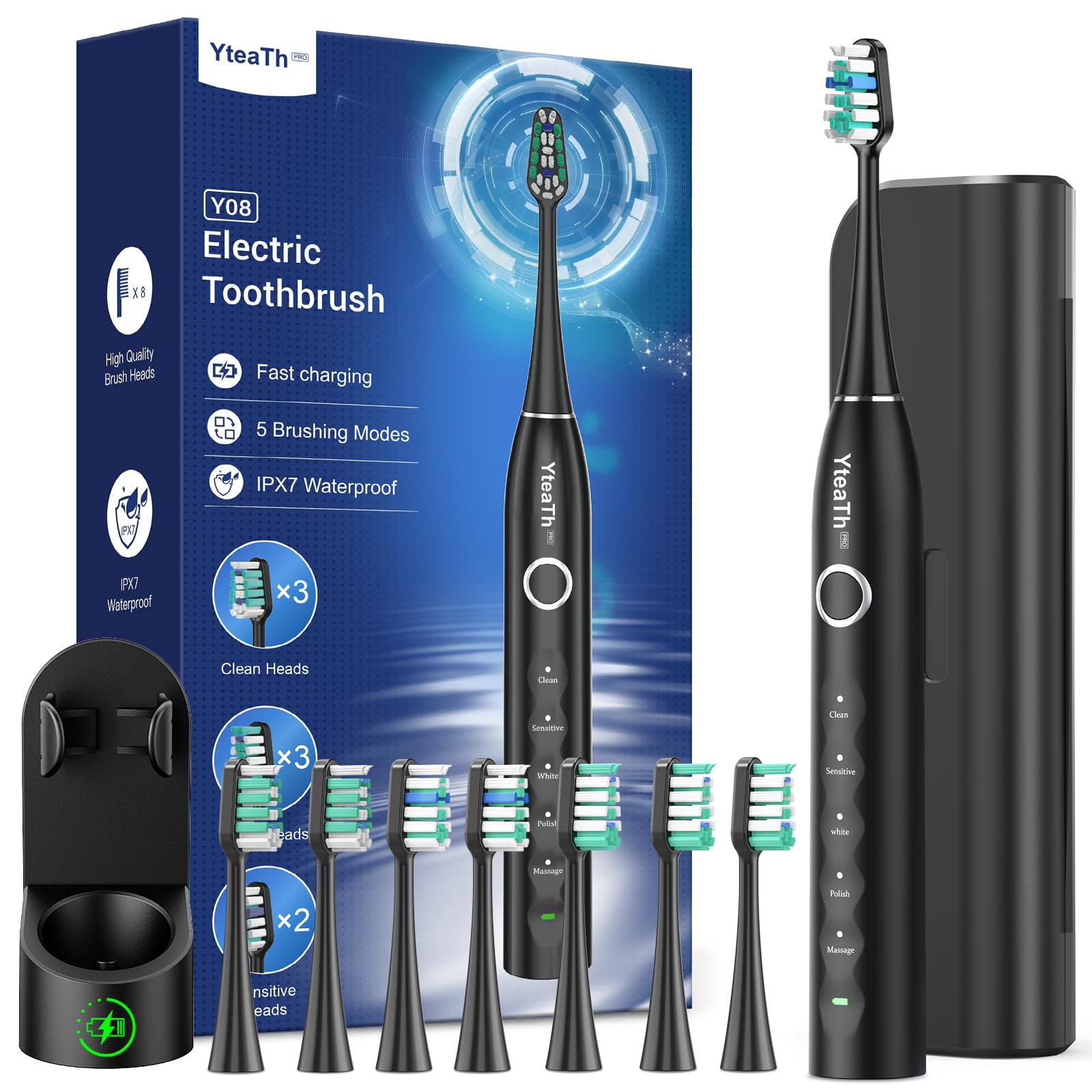 YTEATH PRO Sonic Electric Toothbrush with 8 Brush Heads, 5 Modes, 120-Day Batter