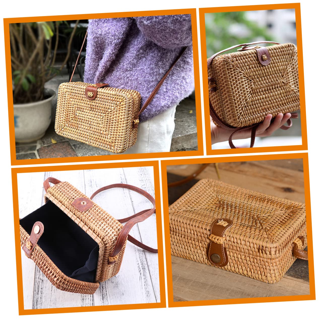 Housoutil 2piezas Bolso De Ratán Woven Para Mujer Bandolera Cuadrada Artesanal Correa Para Uso Diario y Ocasiones Especiales