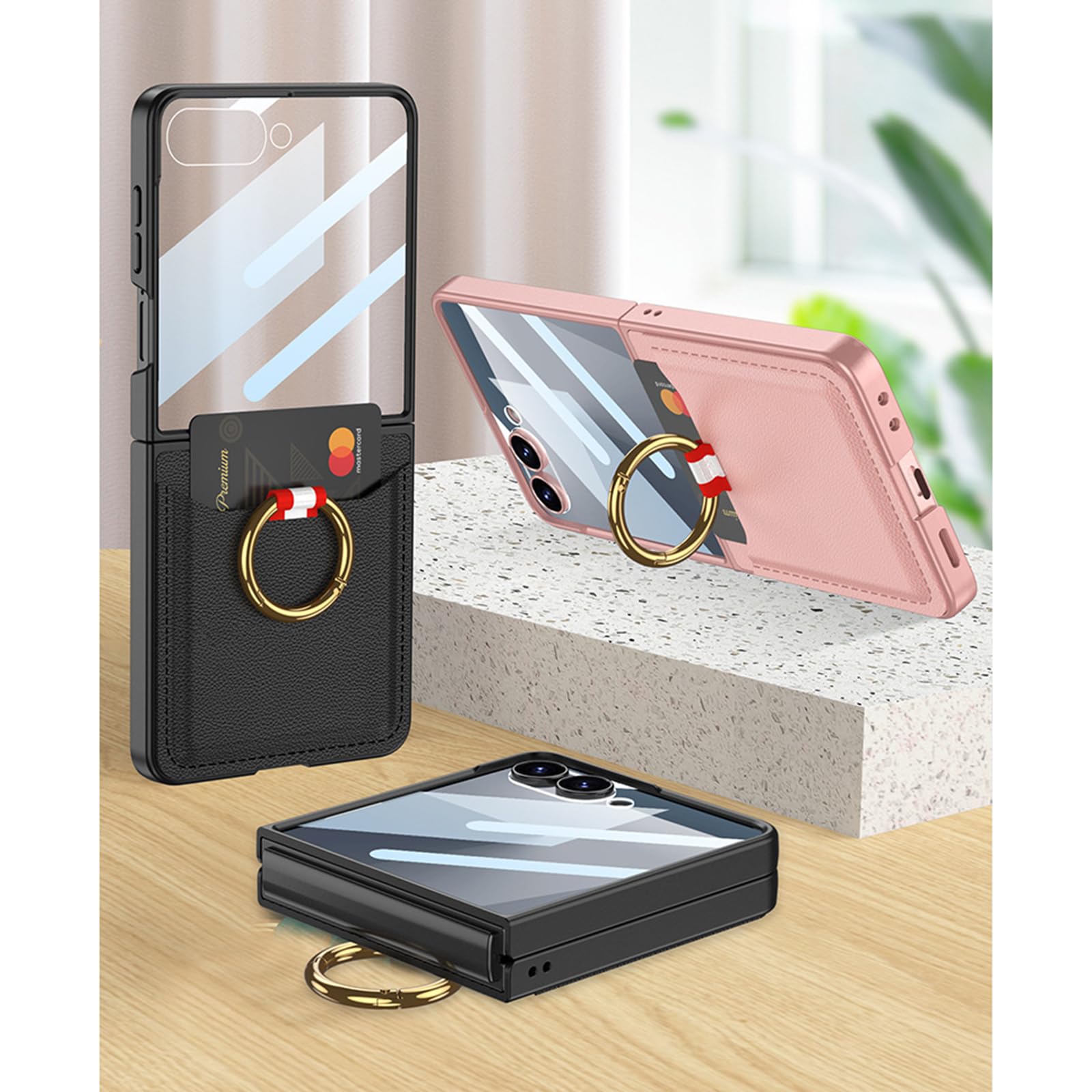 Etui z portfelem do Samsung Galaxy Z Flip 8, etui na karty, skórzane, teksturowane etui z włókna węglowego, z podstawką pierścieniową, osłona ekranu, czarne, Flip 8