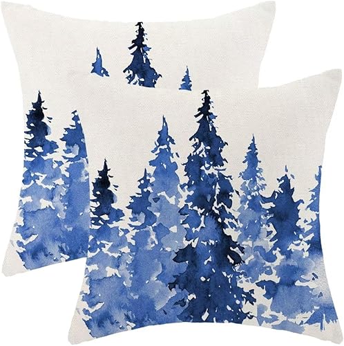 AEIOAE Juego de 2 fundas de almohada de Navidad de 18 x 18 pulgadas, decoración de árboles de Navidad azules, fundas de almohada de invierno para