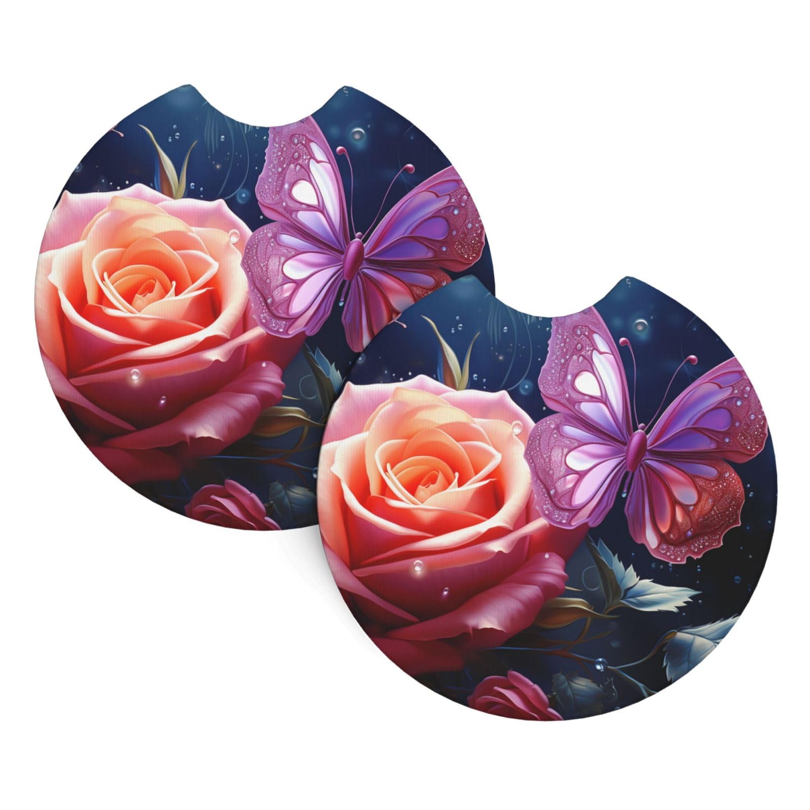 2 Pack Car Coaster for Cup Holders Rose and Butterfly Car Cup Coaster 2.7" Neoprene Non-Slip Automotive Cup Mat Universal Auto Car Interior Accessories for Women Men Cup Pad