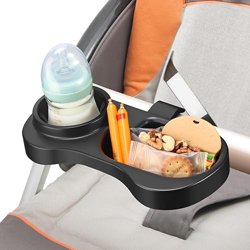 Bandeja universal 2 en 1 para refrigerios para cochecito con soporte para tazas, atrapador de aperitivos y soporte para bandeja de aperitivos para