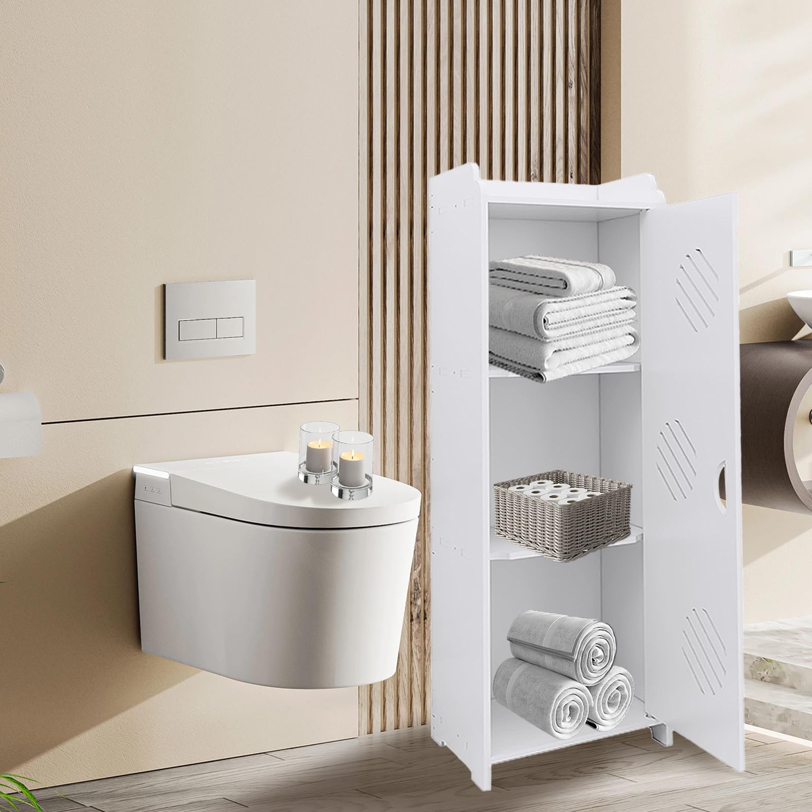 LANTUS Petit Meuble de Rangement pour Toilettes, Meuble de Salle de Bain Support Papier Toilette avec Placard et étagères réglables-24 * 20 * 75cm -Blanc