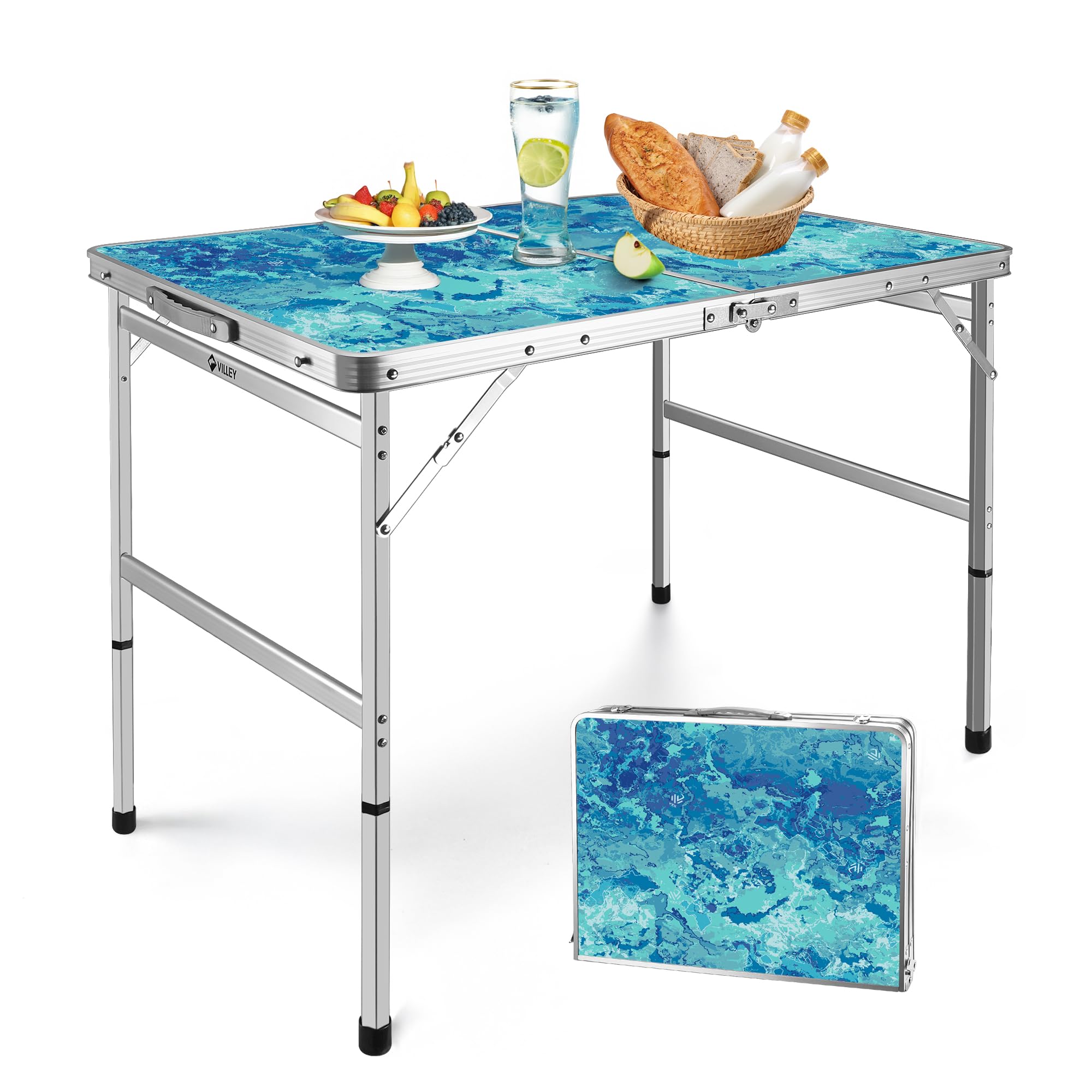 VILLEY Folding Camping Table 3FT, Adjustable Height Portable Aluminum Table with Handle, Lightweight Foldable Table for Outdoor Picnic BBQ Travel Camp