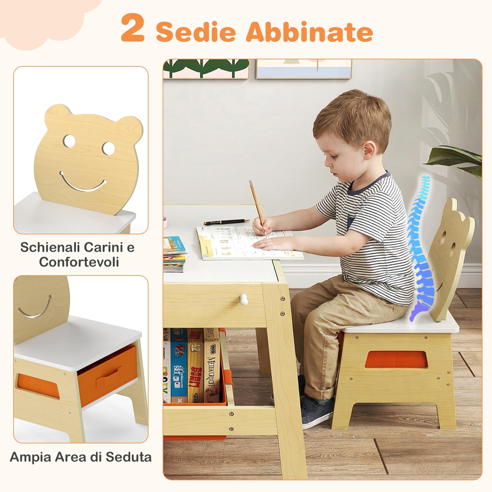 COSTWAY 5 in 1 Set Tavolino e Sedie per Bambini a Tema di Orso, Naturale