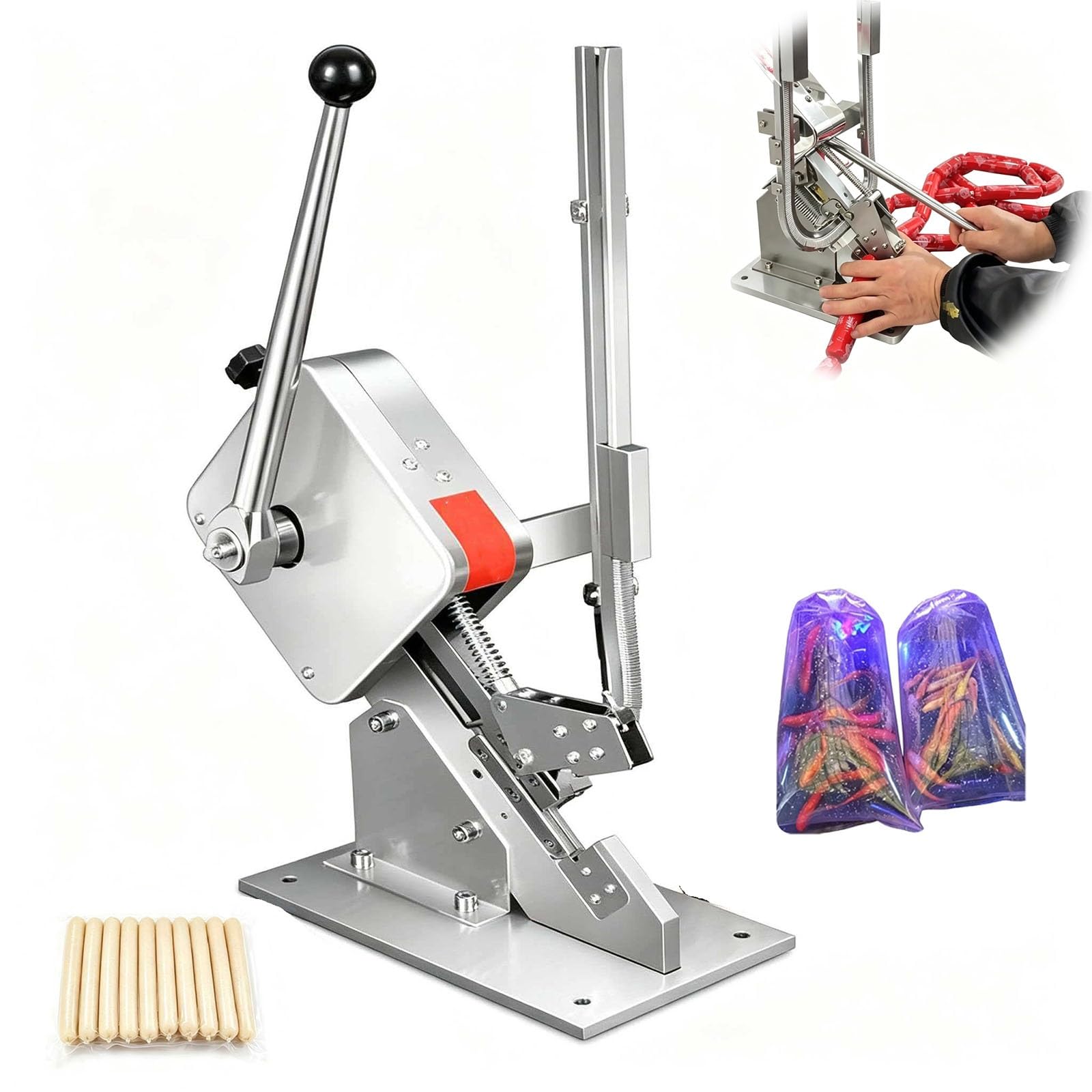 Sellador manual de bolsas resistente, cortadora en forma de U para tripas de salchichas, redes de frutas y hongos comestibles, acero inoxidable ajustable con capacidad de 150 clips