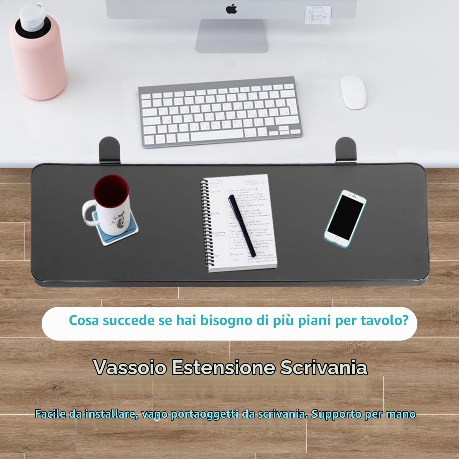 Vassoio estensibile ergonomico da scrivania, 65 cm x 25 cm, supporto per tastiera, morsetto senza punzonatura sul ripiano di estensione della scrivania, supporto per gomito del computer, per