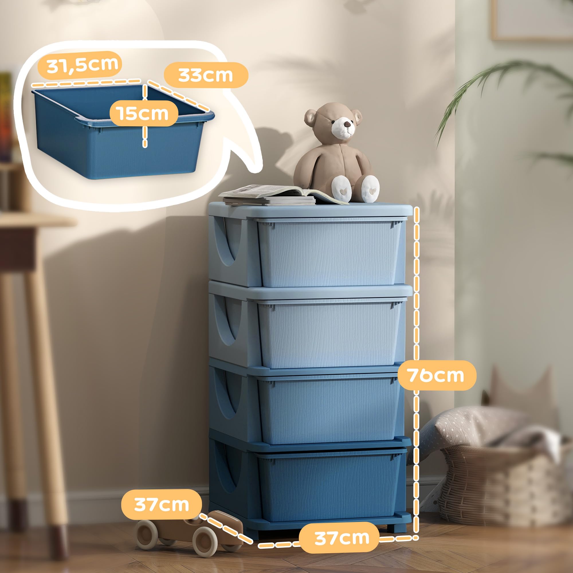 HOMCOM Tour de rangement pour enfants avec 4 tiroirs, rangement pour jouets pour enfants +3 ans, avec bords arrondis et poignées, pour chambre d'enfant, salle de jeux, chambre à coucher, 37x37x76 cm,