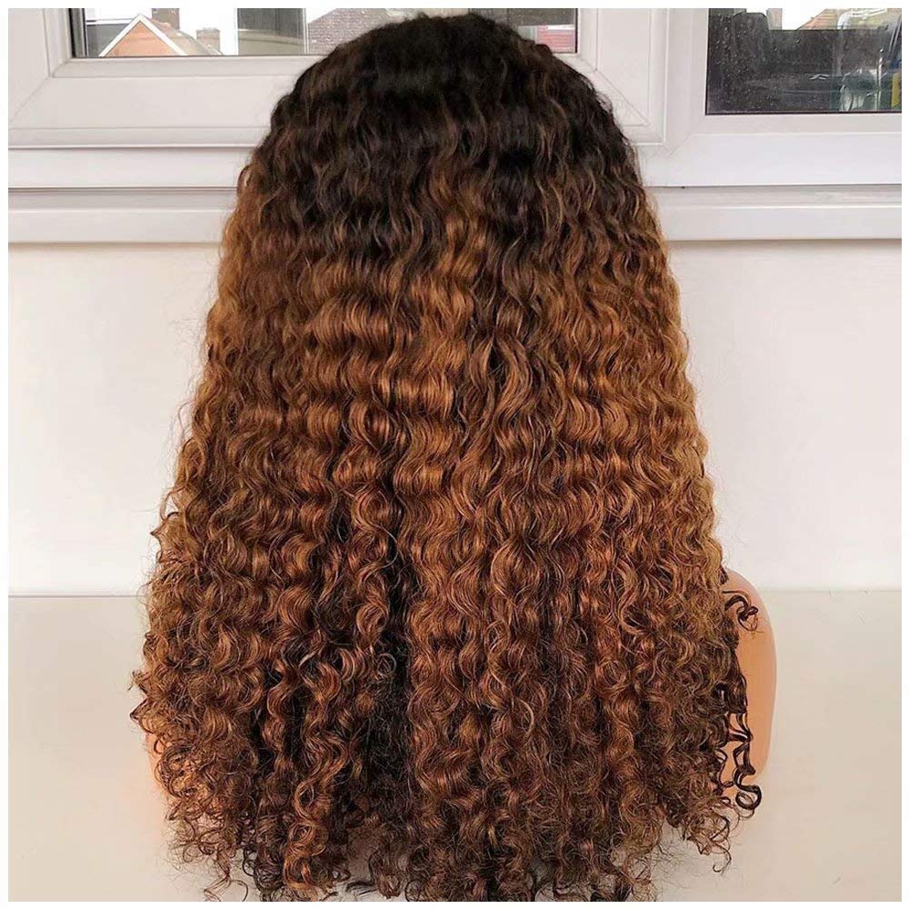 1BT30 Ombre Colored Curly with Bangs Human Hair Wigs 13×6 Lace Front Wig Dark Roots to Medium Brown Auburn Brazilian Remy Deep Wave Hair Wigs for Black Women Full Thick 150% Density 14”
