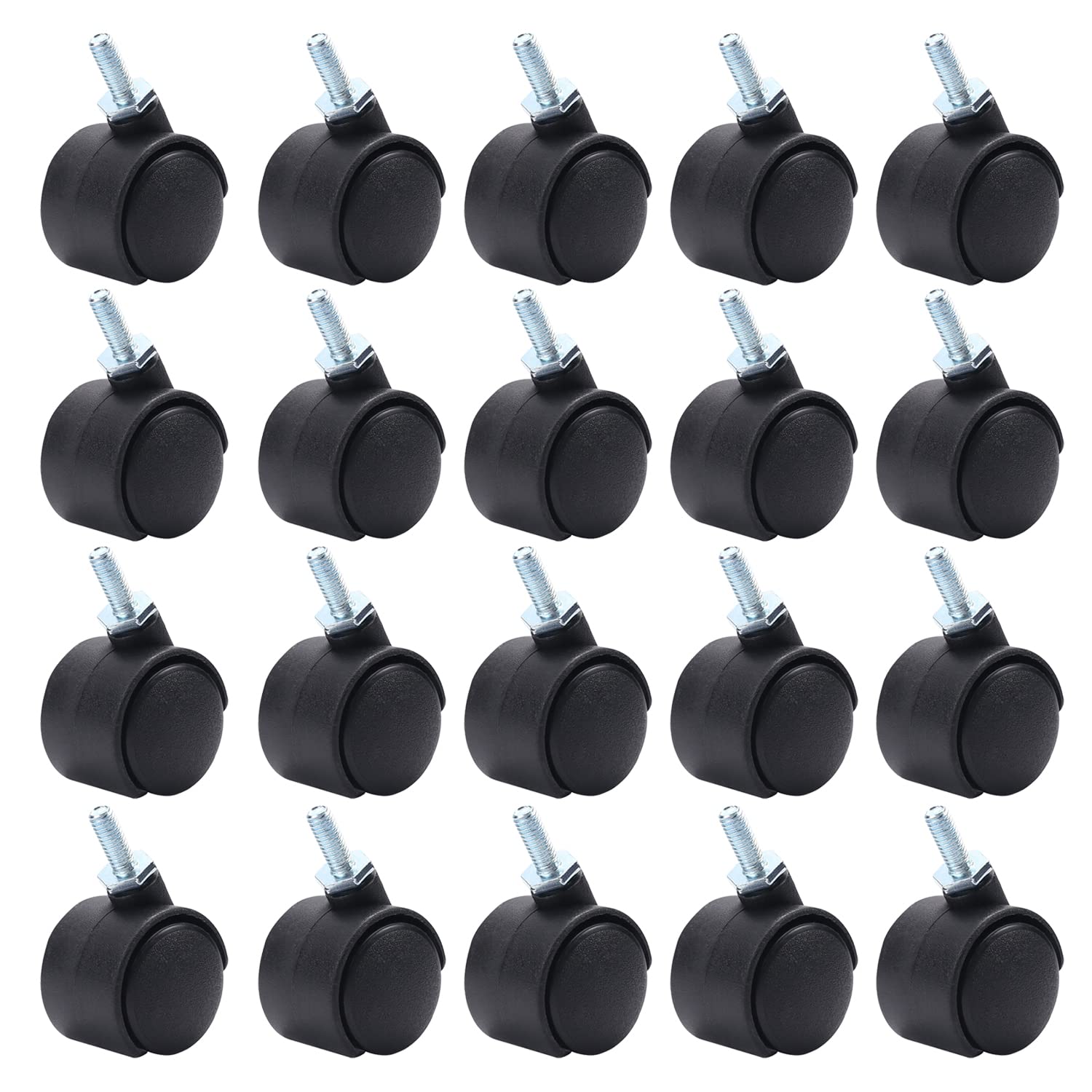 MroMax 25Pcs 1.14 Inch Wheel Dia Nylon Swivel Casters, Black Plastic 360 Degree M6 x 15mm Threaded Stem Caster Wheel Without Brake for Light Furniture