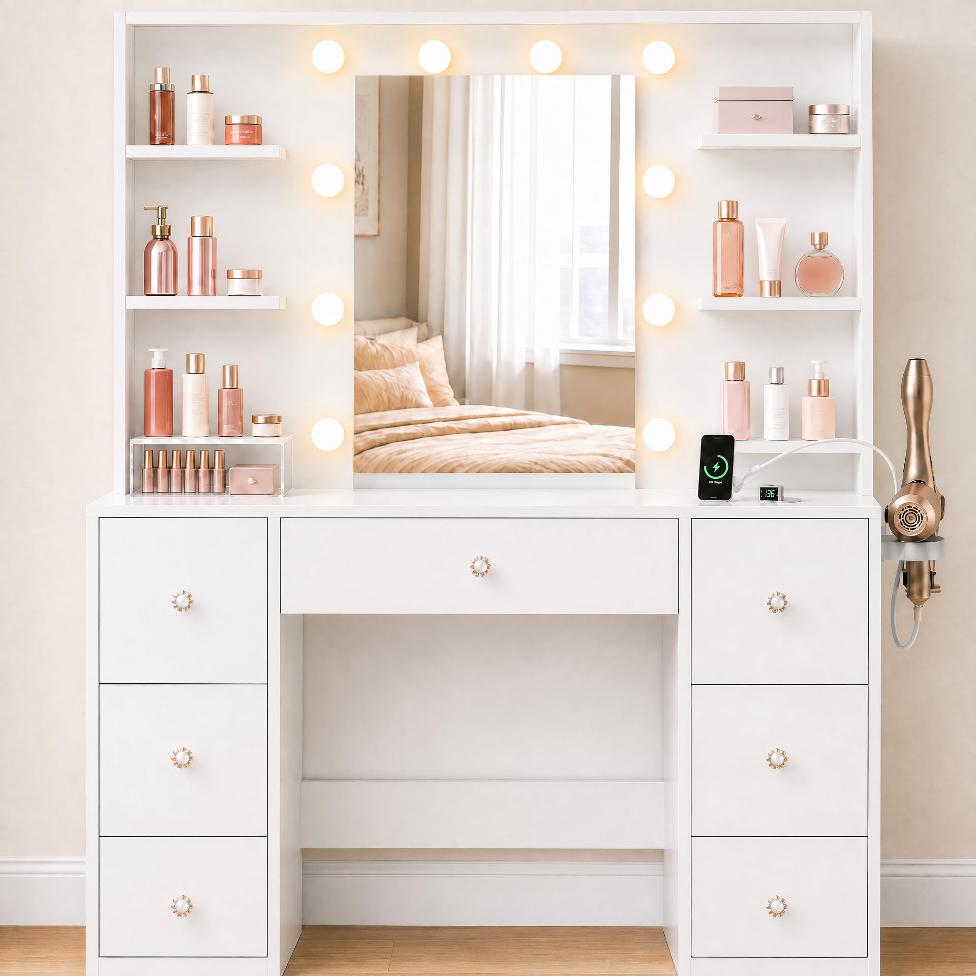 Claiks Dressing Table with Mirror and Lights, Vanity Desk with 10 LED Bulbs, 7 Drawers & 6 Storage Shelves, Makeup Vanity Table with Power Outlet, USB Ports & Hair Dryer Holder, White — image 1