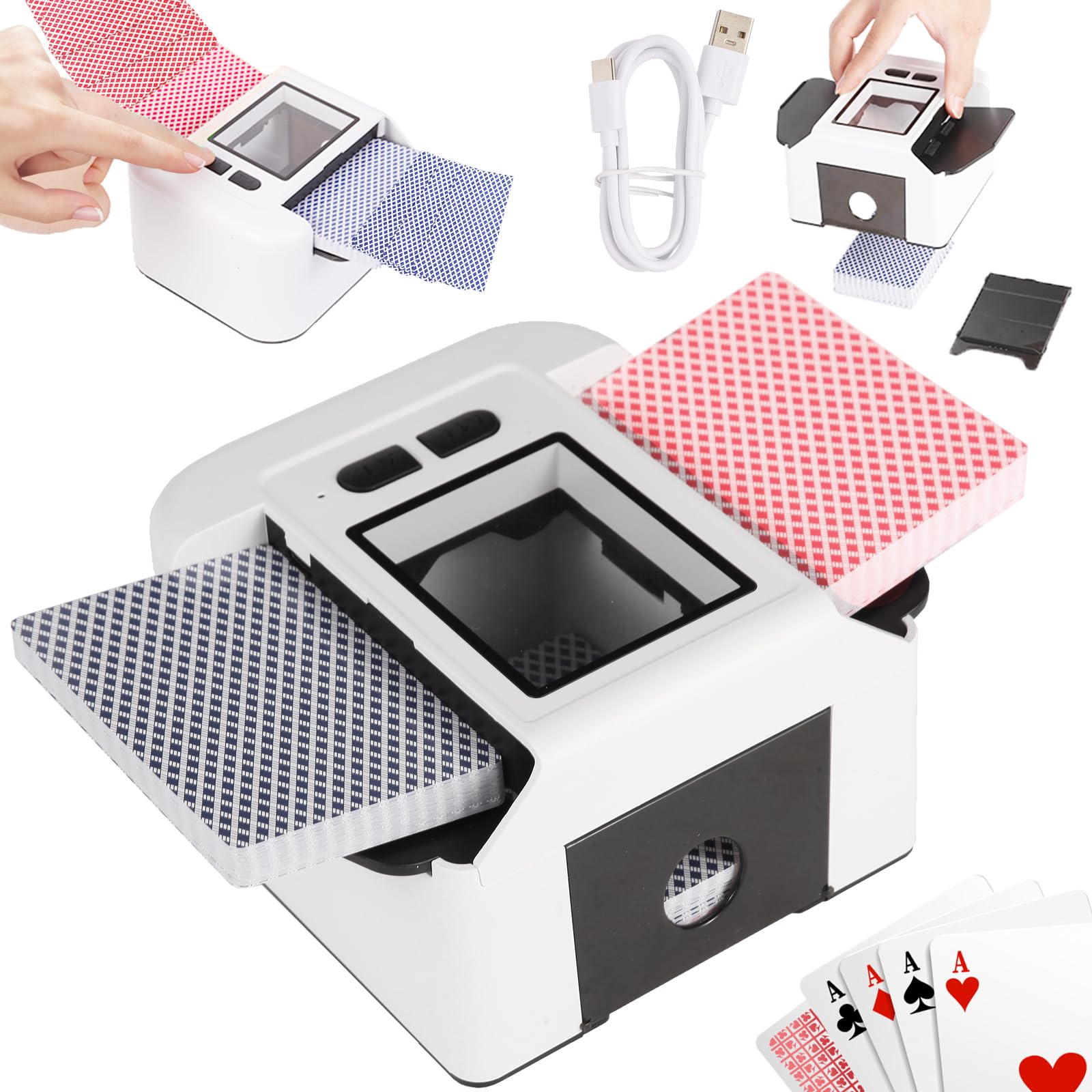 Wiederaufladbar Automatischer Kartenmischer für 2 Decks, Geräuscharm Elektrischer Kartenmischer mit Auto & Manuell, Tragbar Kartenmischmaschine für UNO Romme Phase 10 Skip-bo etc Karte (Weiß)
