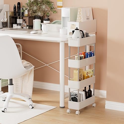 Miniatura 7 de VECELO Carrito rodante de almacenamiento, carrito utilitario de 4 niveles, organizador de almacenamiento móvil delgado con ganchos para ruedas y