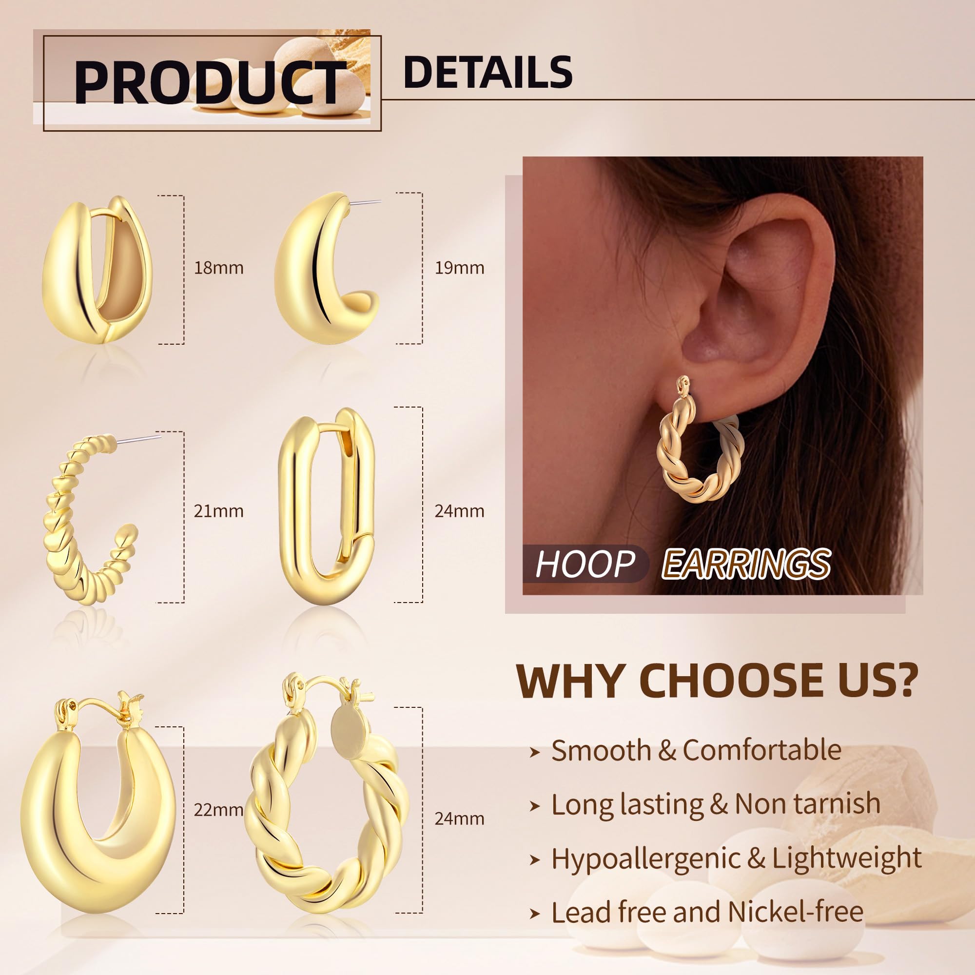 6 Pairs 14K Gold Hoop Earrings for Women Lightweight Chunky Hoop Earrings Multipack Hypoallergenic, Thick Open Twisted Huggie Hoops Earring Set Jewelry for Gifts.