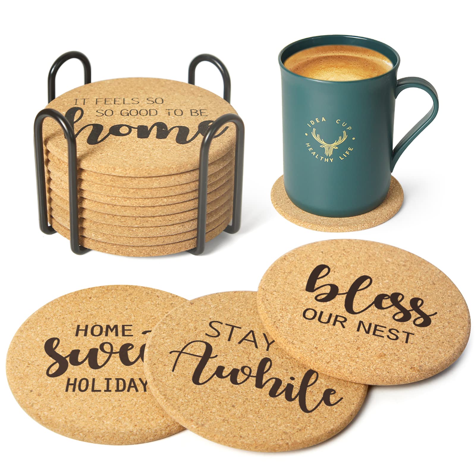 Raypard 12-Piece Rustic Natural Cork Coasters for Drinks, Funny & Cute Coaster Set with Metal Holder, for Housewarming, Apartment Kitchen Room Bar Decor, Suitable for Wooden Table