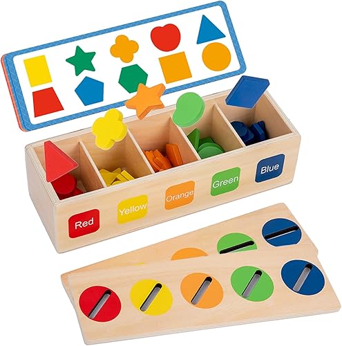 Adena Montessori Juguetes 2 en 1 con forma de juguetes de colores y formas, caja a juego con 2 tapas para bebés de 1 a 3 años