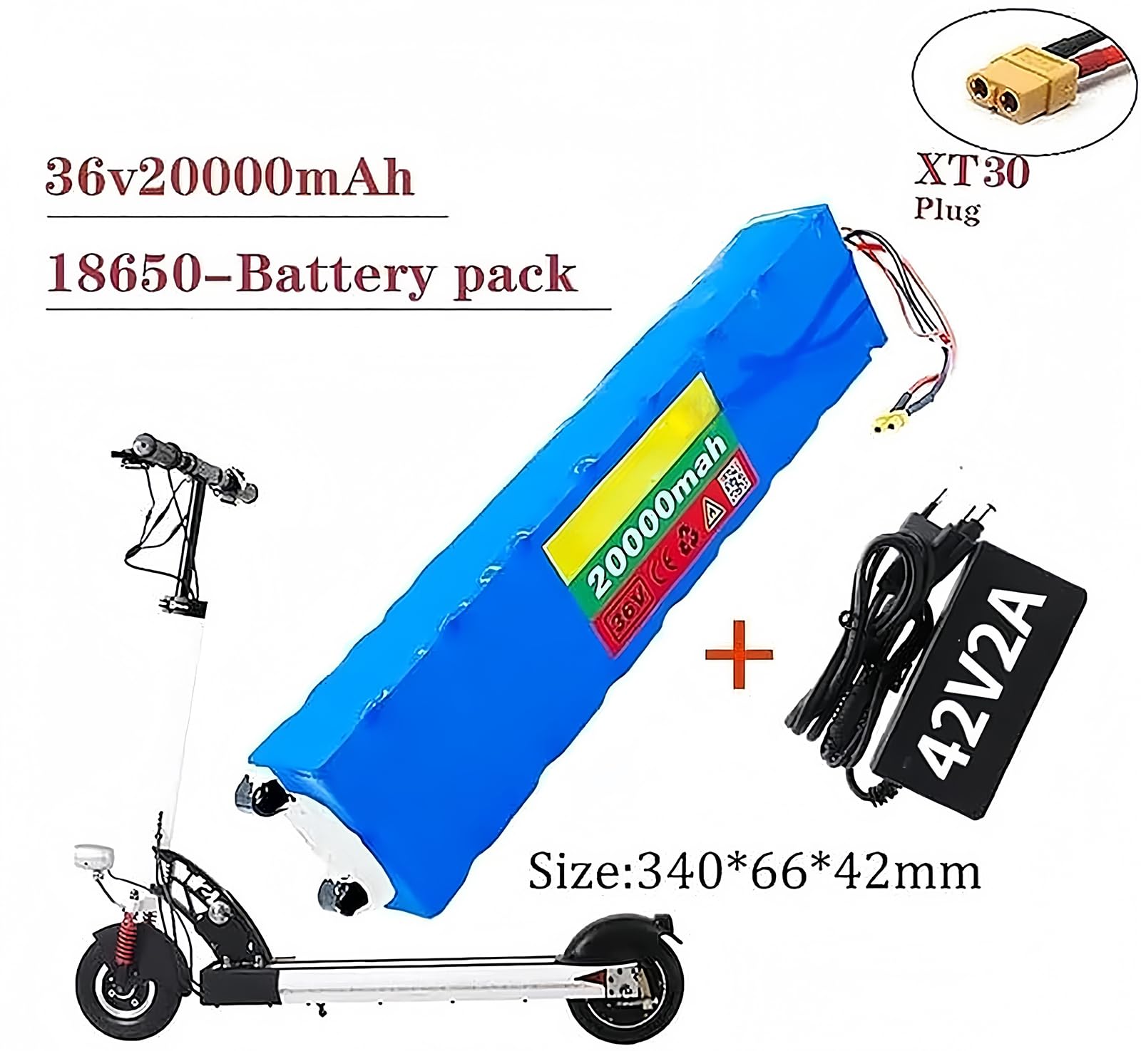 Batterie Lithium-ION 36 V 20 Ah pour vélo électrique, avec Charge Batterie Lithium étanche pour vélo électrique Scooter (36V 20Ah, XT60)