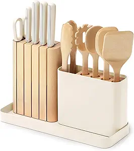 Caraway 14-Piece Kitchen Prep Set - Kitchen Knife Set & Wooden Utensil Set - Made With Premium German Steel Blades & FSC-Certified Birch Wood - Non-Toxic Materials - Includes Organizer - Cream