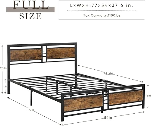 Miniatura 8 de Base de cama Queen con cabecera y estribo industriales, base de cama de plataforma resistente con almacenamiento debajo de la cama, base de colchón,