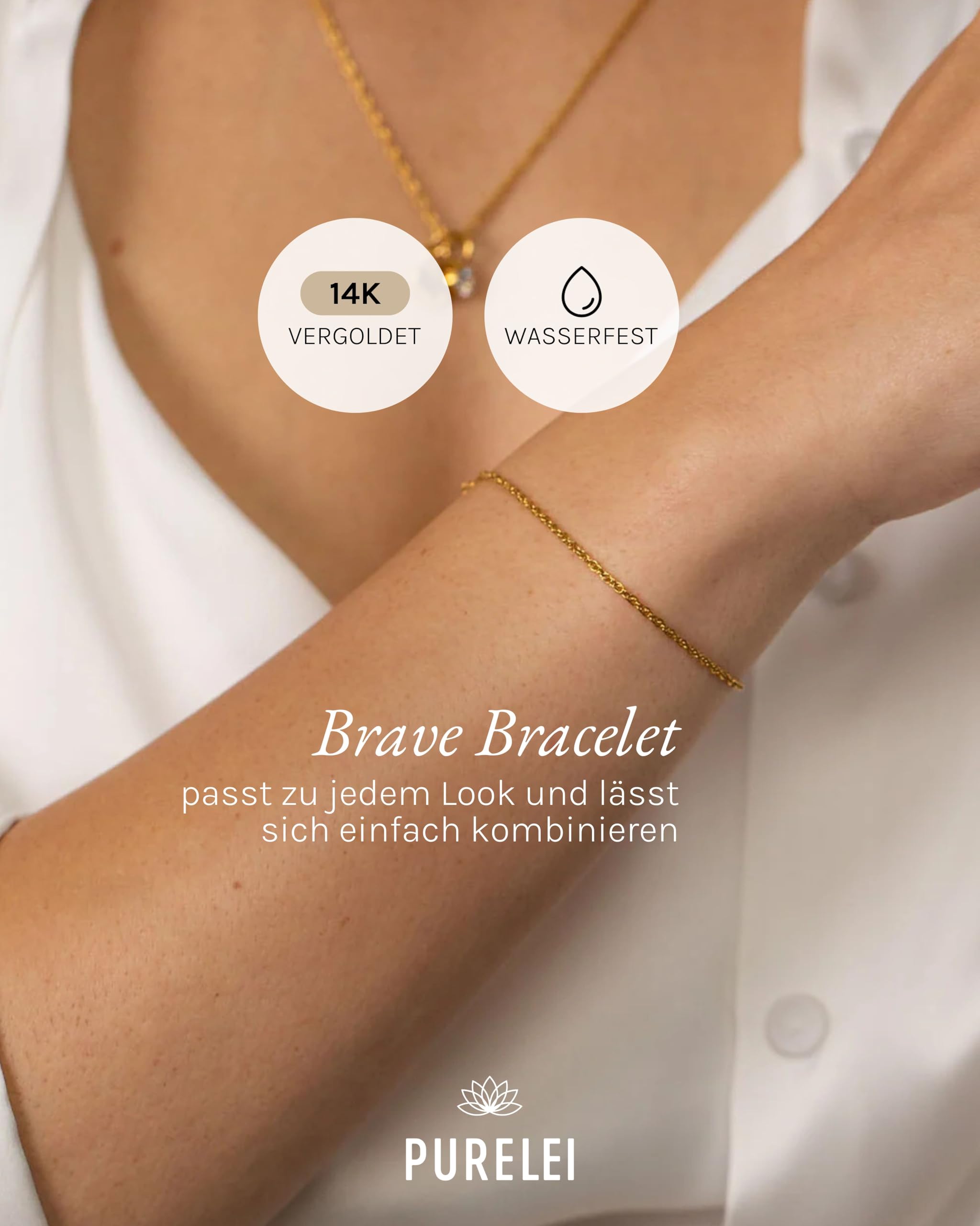 Purelei Brave Armband (Gold, Silber, Rosegold), Filigranes wasserfestes Armband für Damen, Schlichtes Armband aus Edelstahl, Geschenk für Frauen, 16-19 cm Länge verstellbar