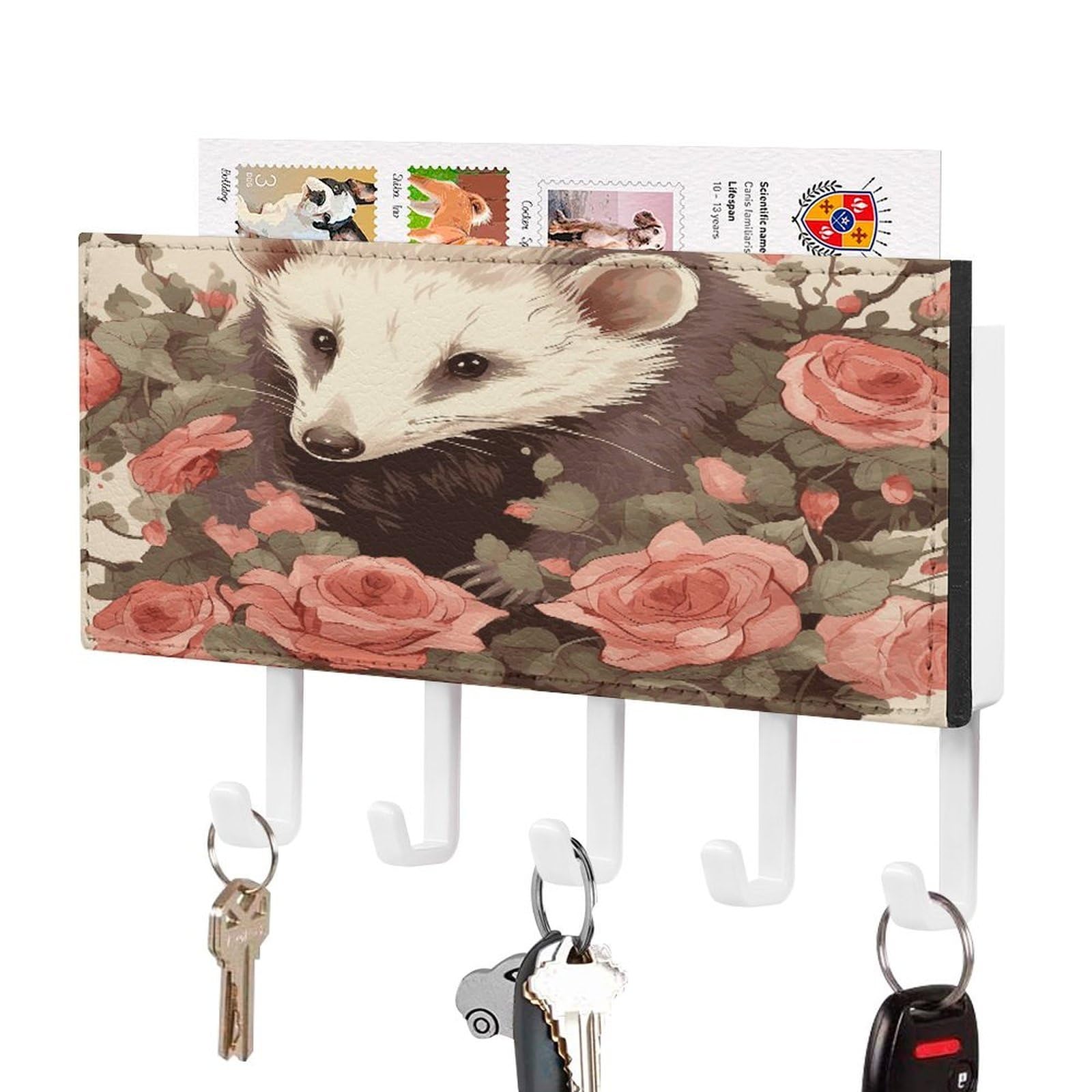 FekiLoot Opossum and Roses Key Holder for Wall Decorative,2 Installation Ways Keys Hanger Keys Holder Wall Mount Hanging Key Hooks with Mail Organizer for Wallet House Accessories