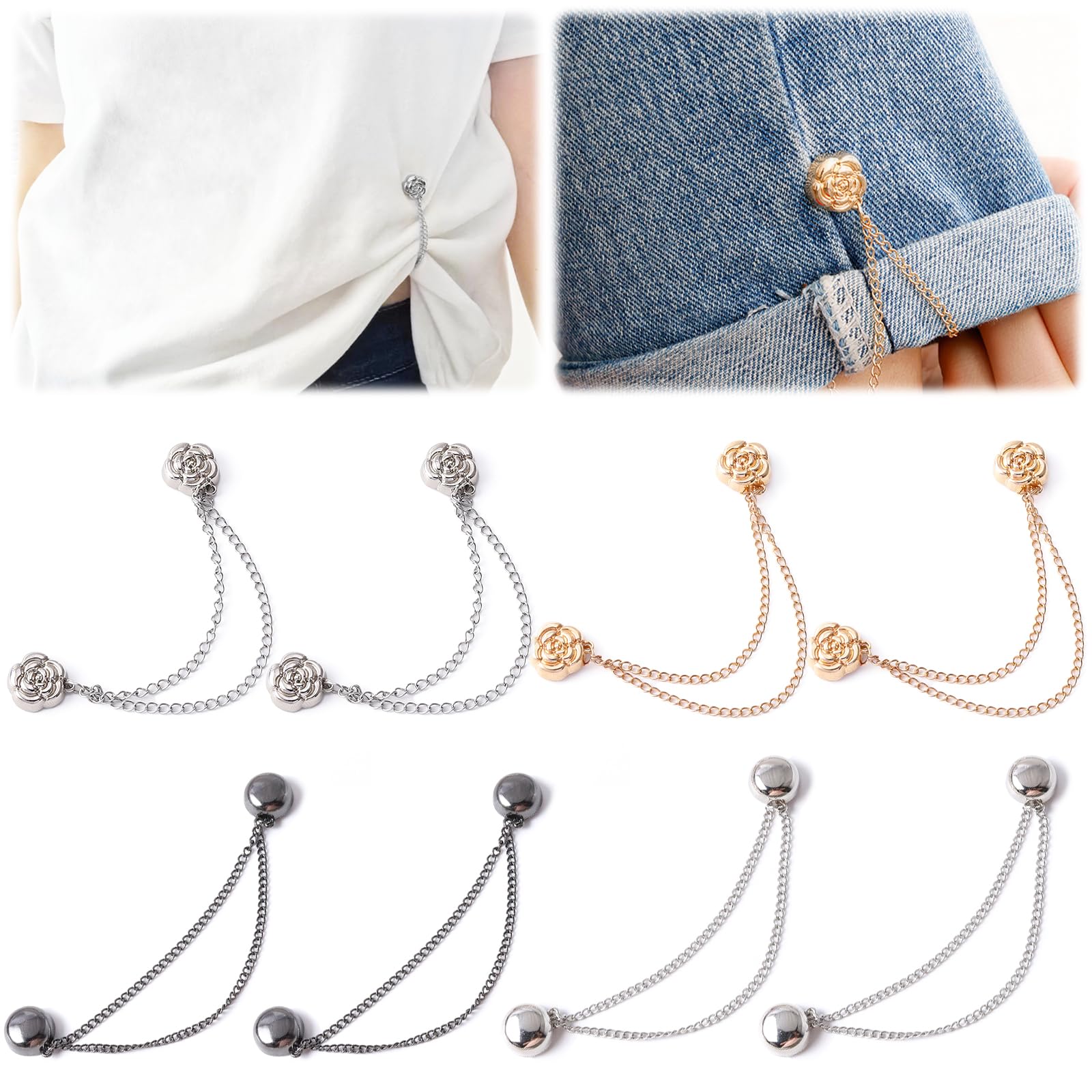 Multi-Function Magnetic Clothing Clips 8Pcs Round Rose Shaped Powerful Magnetic Clothing Clips for Adjust Pants Length Mixed Colors Women Clothes Hijab Magnets Pins Decorate