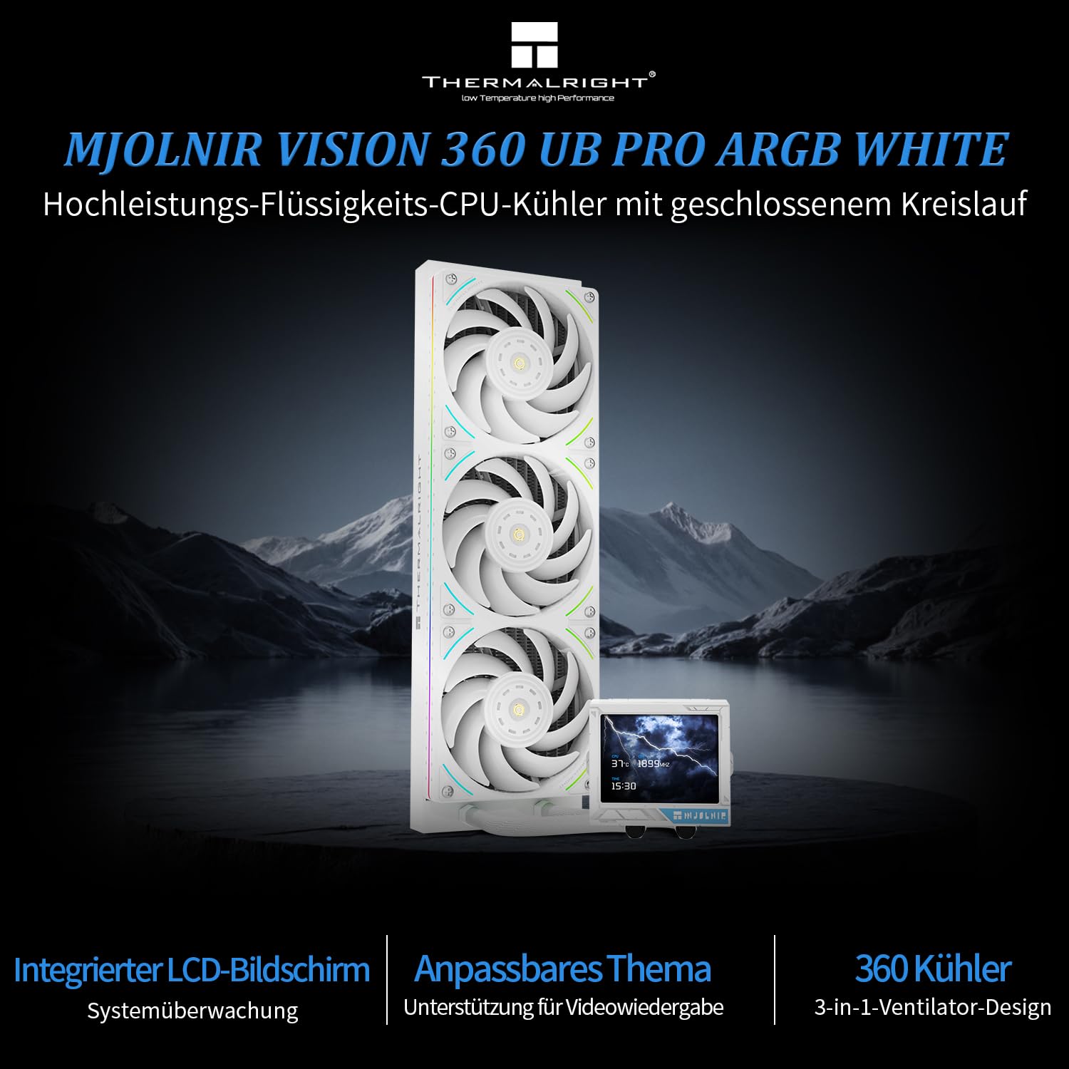 Thermalright Mjolnir Vision 360 UB PRO ARGB White Aio - Refrigeratore a liquido per CPU, schermo IPS con risoluzione 640 x 480, schermo LCD da 3,5 pollici ad assorbimento magnetico, per AM5/LGA1851