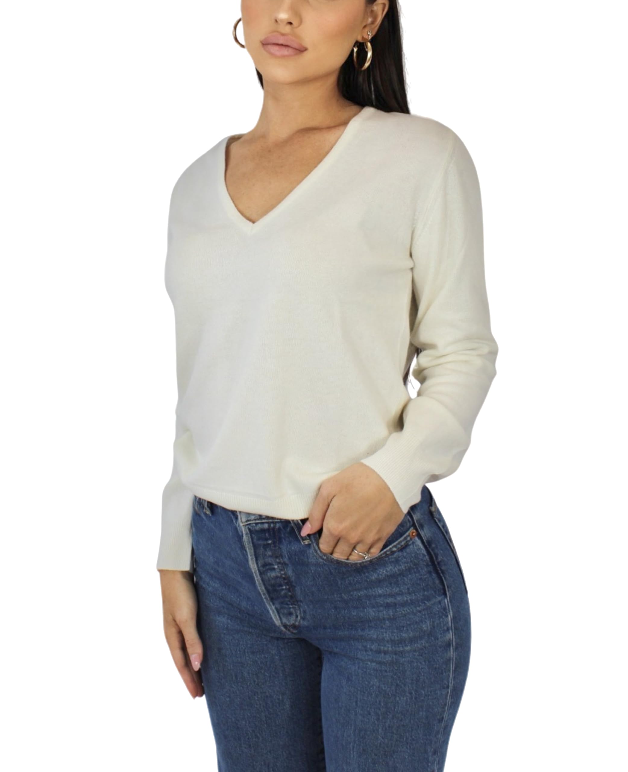 Win's Women's Cashmere V-Neck Sweater, Made in Italy, off-white, XL