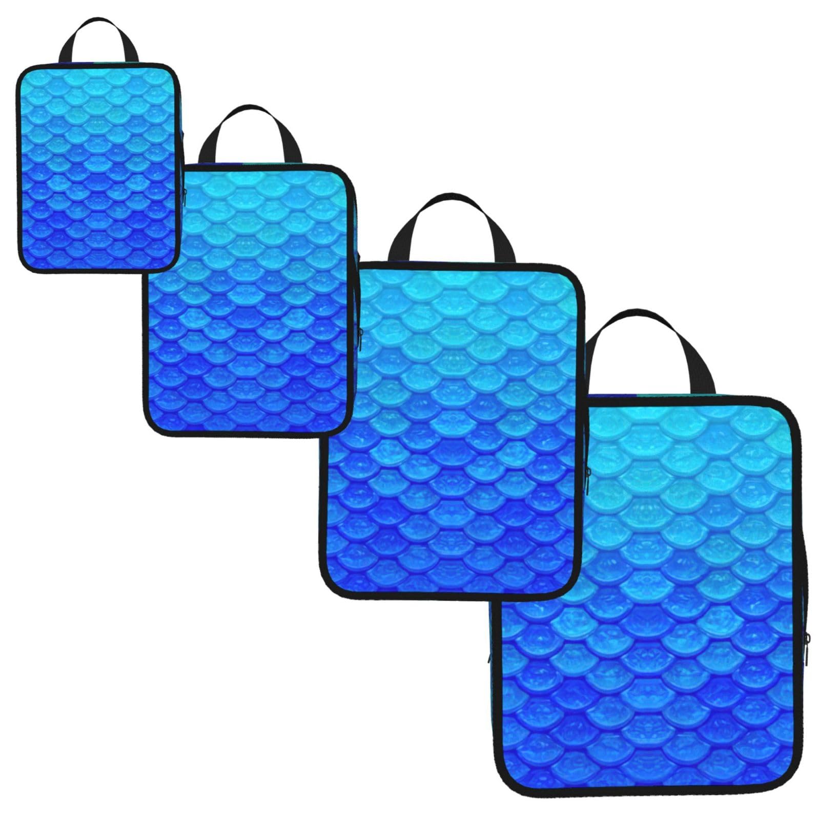 Ocean Sea Blue Mermaid Fish Scale Print 4 Set Compression Packing Cubes for Suitcases,Expandable Storage Bags Organizers