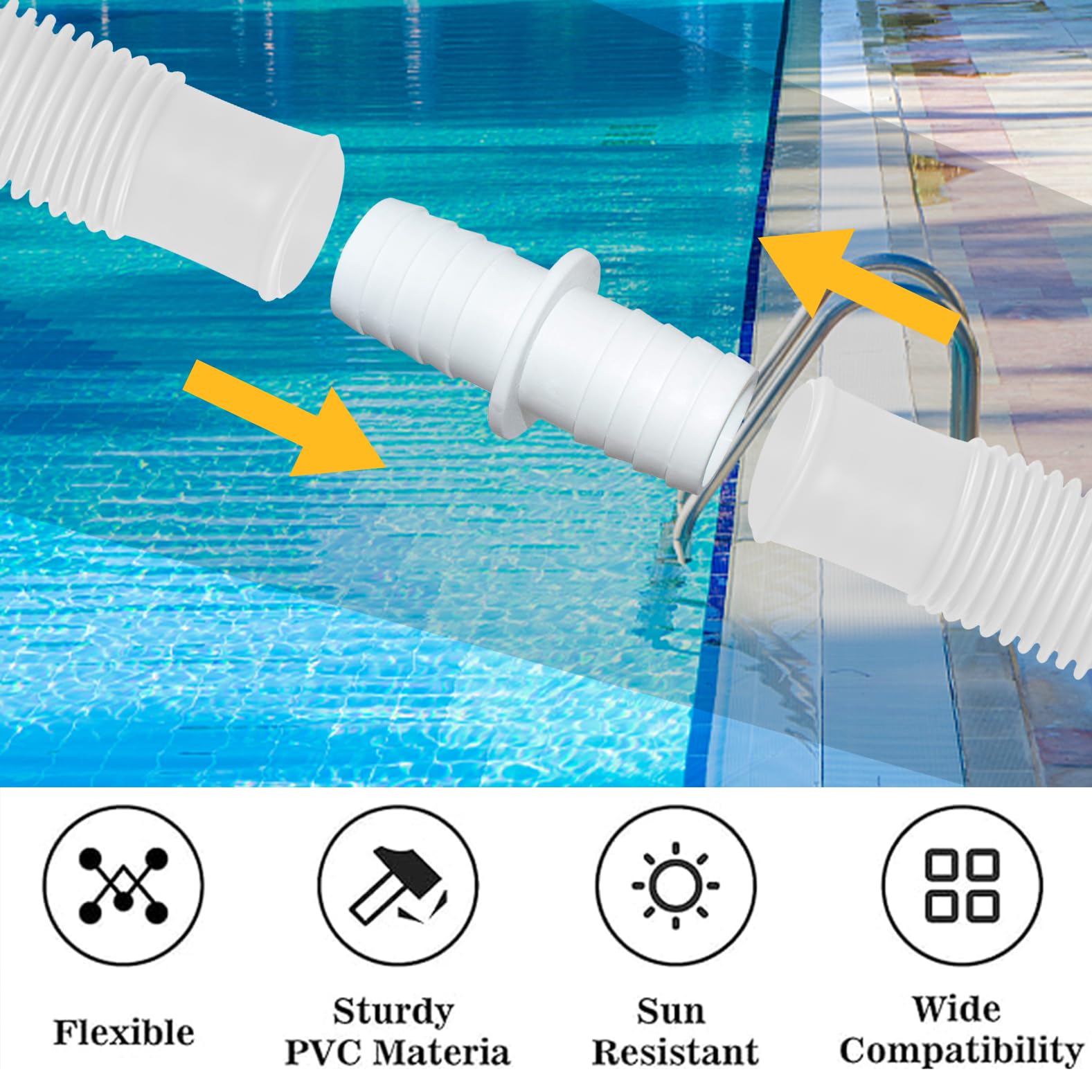 Lot de 2 tuyaux de piscine de 32 mm pour pompes de piscine avec 4 clips de sécurité et 1 raccord de tuyau, tuyau de piscine de 150 cm et 32 mm, pour pompe à filtre et piscine